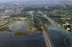 Aerial view of Mestre, Venice, showcasing Porto Marghera, city centre, and Ponte della Libertà