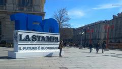 La Stampa 150th anniversary panel in Piazza Castello, Turin