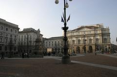 Piazza della Scala in Milan with the Monument to Leonardo da Vinci and Teatro alla Scala in the background