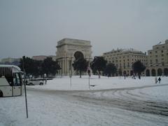 Piazza della Vittoria in Genoa covered in snow