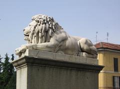 Ponte dei Leoni in Monza with a detailed view of the left lion