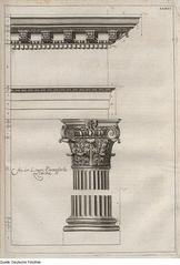 Illustration of architectural elements including columns, bases, capitals, entablature, frieze, fascia, and cornice