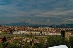 Firenze Piazetto beneath Piazzale Michelangelo with view of National Library, Basilica di Santa Croce, New Synagogue, and San Niccolò Gate