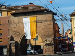 Porta San Vitale with a view of the Torre degli Asinelli in Bologna, Italy