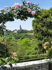 Monte Berico bell tower with roses from Villa Valmarana Ai Nani