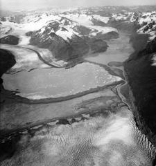 Knik Glacier, Colony Glacier, and Lake George Glacier, aerial view, August 25, 1965