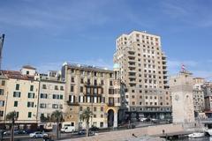 Torre Leon Pancaldo viewed from the pier in Savona, Italy