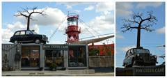 Bow Creek Cafe with London black taxi tree sculpture