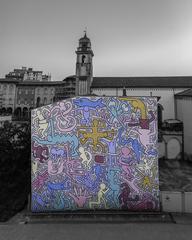 Aerial view of Keith Haring's Tuttomondo mural in Pisa, Italy