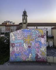 Aerial view of Keith Haring's Tuttomondo graffiti in Pisa