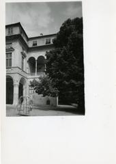 Villa Imperiale in Genoa with exterior view of angled loggias with ringed columns, photographed by Paolo Monti in 1963