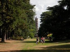 A view of a pagoda in a lush garden with a clear blue sky