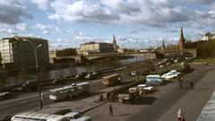 View of the Moskvoretskaya embankment towards the Bolshoy Moskvoretsky Bridge with the Kremlin on the right