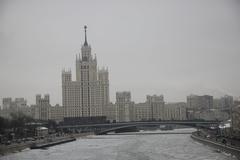 Moscow winter view from Zaryadye Park to Bolshoy Ustyinsky Bridge