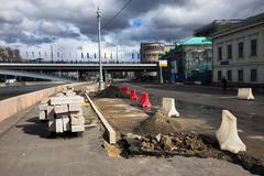 Raushskaya Embankment with ongoing curb stone replacement work in Moscow