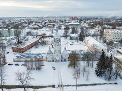 Aerial winter view of the Desyatinny Monastery in Veliky Novgorod, Russia