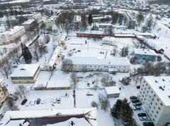 Aerial view of Desyatinny Monastery in Veliky Novgorod during winter