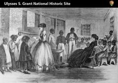 Freed slaves receiving education in a classroom