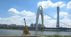 A professional quality Charley Guitars guitar with Liede Bridge and Canton Tower in the background