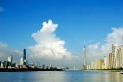 Scenic view of Guangzhou with blue sky and clear water