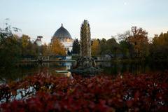 Golden Ear Fountain at VDNH in Moscow viewed from the north bank of the pond