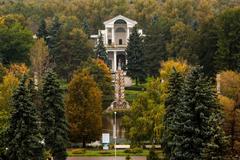 VDNKh Golden Ear fountain and Golden Ear restaurant viewed from Cosmos Pavilion dome