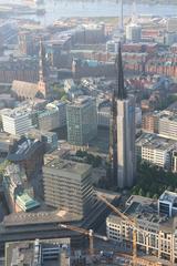 Hot air balloon flying over Hamburg