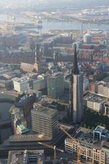 Hot air balloon flying over Hamburg