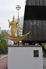 Former weathervane of St. Nikolai main church at the bell tower on the grounds of Hospital zum Heiligen Geist in Hamburg-Poppenbüttel