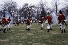 Battle of Lexington Patriots Day reenactment with actors in historical costumes in Lexington, MA