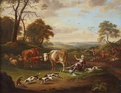 The Royal Buckhounds chasing a fox and upsetting a milkmaid with Windsor Castle in the distance