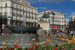 aerial view of Madrid with landmarks like the Puerta de Alcalá and Retiro Park