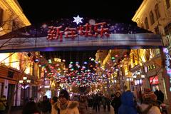 Harbin cityscape in winter with snow-covered rooftops and buildings