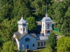 Aerial view of Victory Monument and Troitskaya Church in Russia