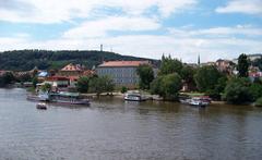 View of Malá Strana in Prague from Mánes Bridge with boats on Vltava River