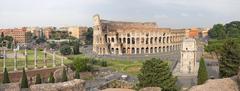 Panoramic view of the Colosseum and the Arch of Constantine from the Palatine Hill in Rome.