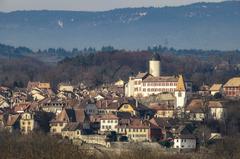 Aubonne cityscape with historic buildings under a cloudy sky