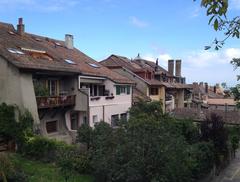 Scenic view of Aubonne VD Fossée with historic buildings and greenery