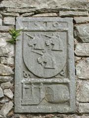 Stone dated 1510 with Preston coat of arms and rebus at Craigmillar Castle, Edinburgh