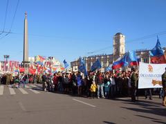 Victory Day parade in Saint Petersburg with the Immortal Regiment walking on Nevsky Prospekt