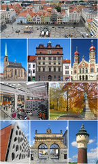 Montage of Plzeň city, Czech Republic showing Republic Square, Cathedral of St. Bartholomew, Renaissance City Hall, Great Synagogue, Techmania Science Center, Lochotín Park, New Theatre, Prazdroj Brewery gate, and brewery water tower