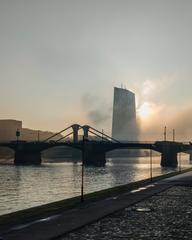 Contre-jour view of ECB tower in morning fog shortly after sunrise