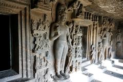 Ancient carved stone door at Aurangabad Caves in Aurangabad, India