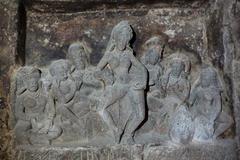 ancient relief of dancer and musicians at Aurangabad Caves