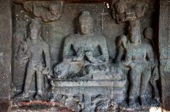 Ancient Buddha statue with Bodhisattvas and Devas in Aurangabad Caves