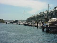 Finger Wharf with boats docked and buildings in the background