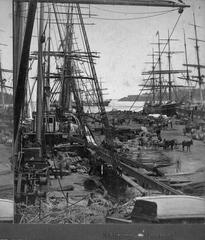 Busy Montréal harbour in 1880 with ships docked