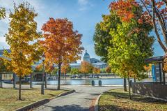 Autumn view of the Old Port of Montreal with the Clock Tower in the background