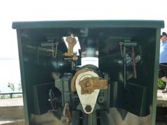 Breech view of British QF 12 pounder 12 cwt gun on pedestal mounting with shield at Fort Siloso, Singapore