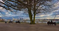 View of Altonaer Balkon park with Elbe river and cityscape in the background